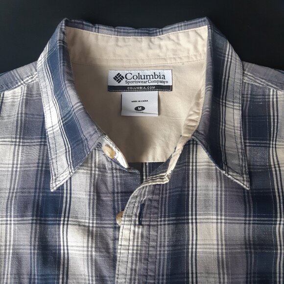 Columbia SZ M Plaid Men's Button Up Cotton Shirt Blue, White & Grey - Picture 3 of 14